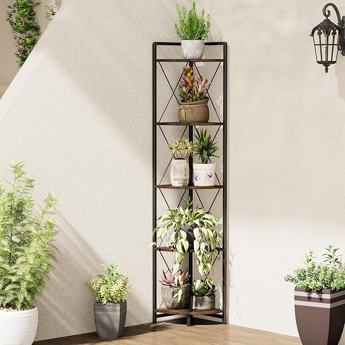 5 Tier Corner Shelf Stand, 64" H Tall Industrial Corner Bookshelf for Living Room Decor, Metal Corner Shelf, Plant Stand Display Shelf for Bedroom, Bathroom, Small Space, Rustic Brown