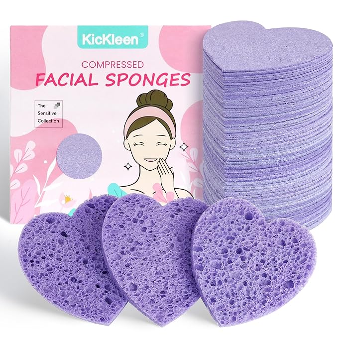 60-Count Kickleen Compressed Cellulose Heart Shape Facial Sponges | Natural Cosmetic Spa Sponges for Facial Cleansing | Exfoliating | Makeup Mask Removal | Reusable | Skin Massage (Purple)