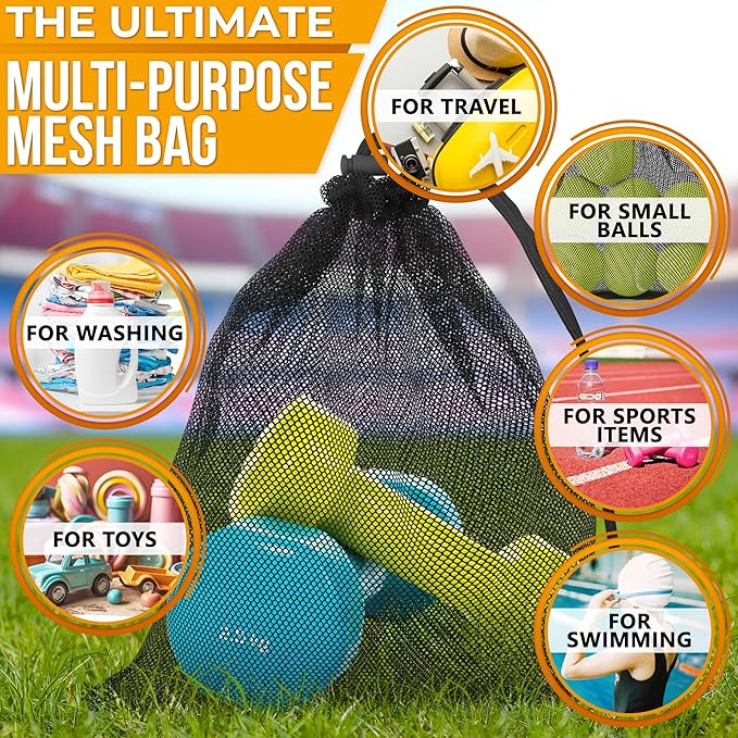 Small Mesh Bags Drawstring Black 5Pcs 11,8x7,48'' – Strong, Lightweight, Breathable Mesh Bag with Lock, Quick-Dry and Tear-Resistant – Easy to Tighten and Adjust for Travel, Swimming & Ball Storage