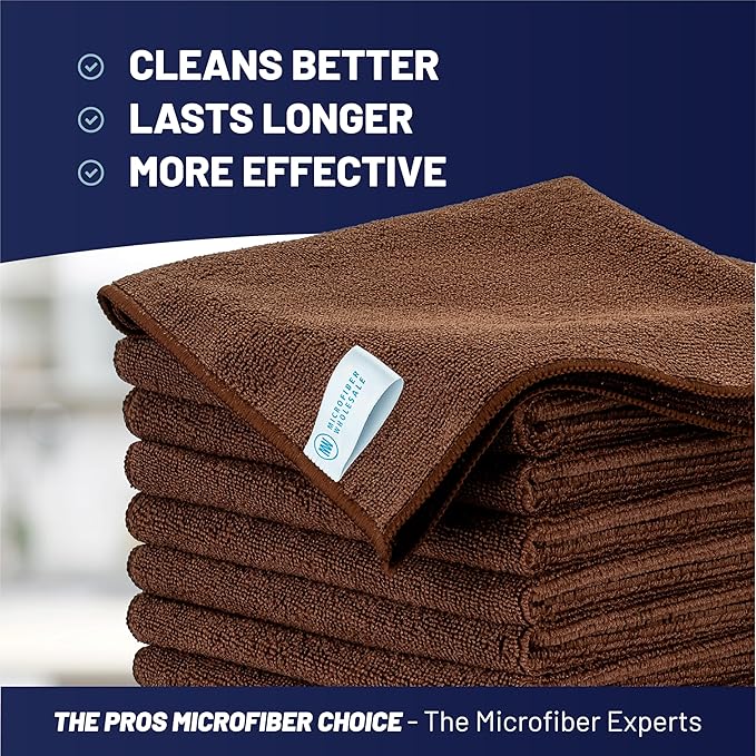 MW Pro Microfiber Cleaning Cloth | Brown | 12 Pack | 16” x 16” | Coffee, Barista, Espresso Towels - Clean, Dust, Polish, Scrub, Absorbent