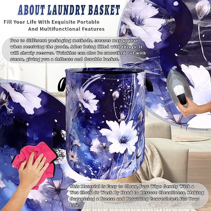 Blue Daisy Flower Laundry Basket Foldable Oxford Cloth Watercolor Floral Laundry Hamper With Handle Portable Clothes Storage Organizer Basket 18.9"x16.5" Storage Bag For Laundry Room/Bathroom/Bedroom