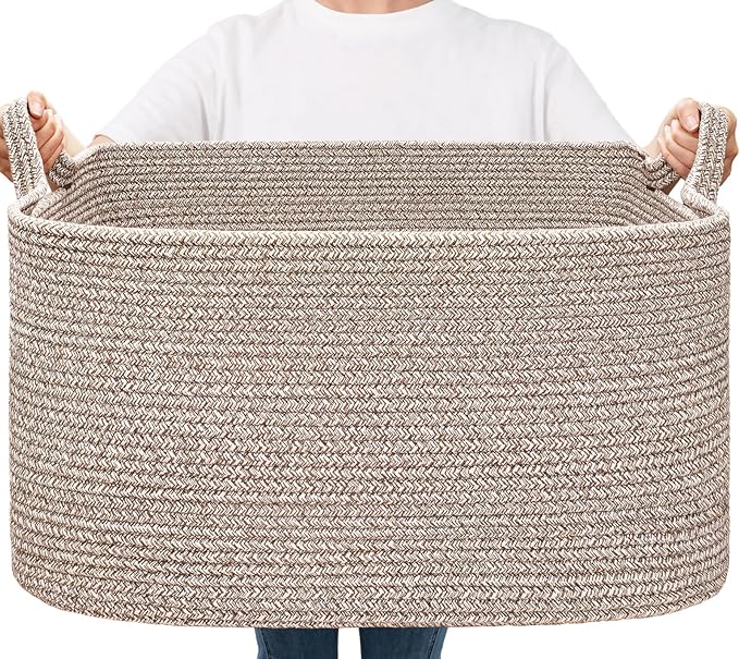 Goodpick Large Woven Storage Basket, 21.6" x 14.9" x 11.8" Blanket Basket for Living Room, Bedroom, Rectangle Rope Storage Organizer for Clothes, Toys, Brown