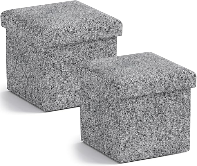Ornavo Home Small Storage Ottoman, Set of 2 Foldable Collapsible Cube Square Linen Ottoman Foot Rest Stool Seat, for Living Room, Bedroom, Home Office, Dorm - 12 x 12 x 12, Gray