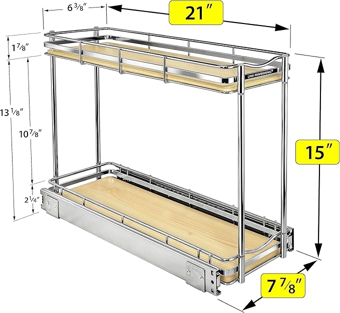 LYNK PROFESSIONAL® Élite™ Pull Out Spice Rack Organizer for Inside Kitchen Cabinets - 6" x 21" - Slide Out Drawer – Wood/Chrome Sliding Spice Organization for cabinet - Spice Racks - 2 Tier
