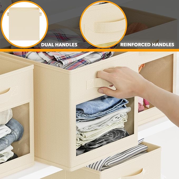 SpaceAid Storage Cubes with Clear Windows, Set of 6 Fabric Bins, 11 Inch Foldable Baskets Boxes for Closet, Cubby Shelf or Cube Storage Organizer, Beige