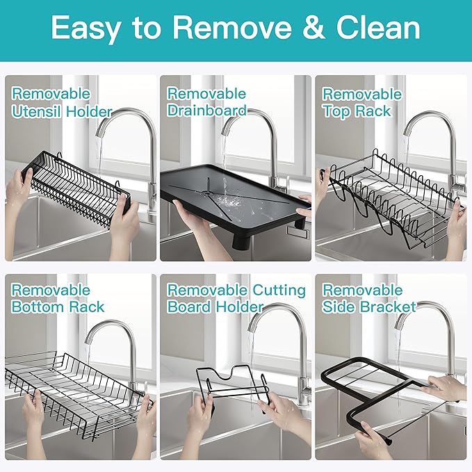 2 Tier Black Large Capacity Dish Drainers Drying Rack for Kitchen Counter, Metal Stainless Steel Rust Proof Plate Strainers Holder On Countertop with Drainboard Tray, Space Saving, Aesthetic Modern