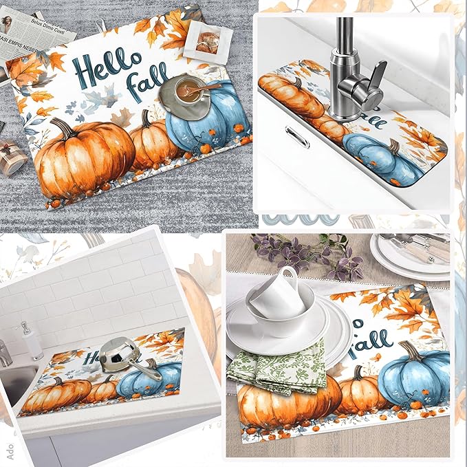 3Pcs Pumpkin Dish Drying Mat & Kitchen Sink Splash Guard Faucet Mat For Kitchen Counter,Hello Fall Absorbent Microfiber Dishes Pad Dish Drainer Rack Mats Fast Dry Kitchen Accessories