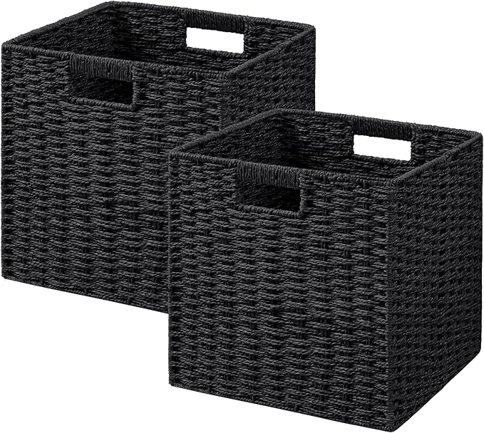 UBBCARE 2 Pack Wicker Basket, 11L×11H×10.5W inch Woven Paper Rope Storage Baskets for shelves, Foldable Cube Storage bin with Handle, Storage Basket for Organizing (Black, Cube-2pack 11")