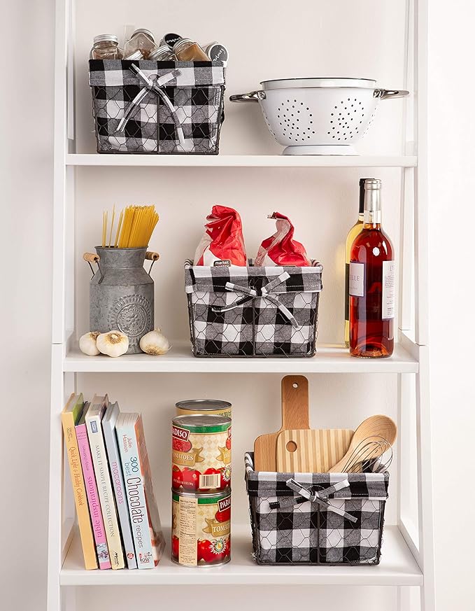 DII Farmhouse Chicken Wire Storage Baskets with Liner, Small, Vintage Black & White Check, 9x7x6", 3 Piece