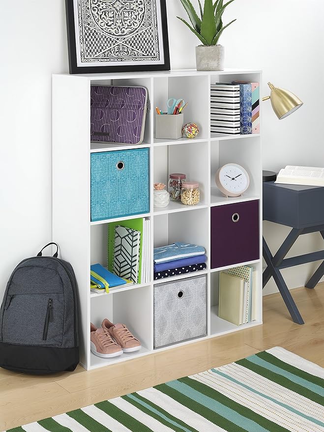 Whitmor 12 Cube Bookcase, 4 Tier Stackable MDF Bookself, Open Storage Display Organizer, Storage Cabinet for Living Room, Bedroom, Home, Office, 35.1" L x 11.6" W x 47.5" H, White