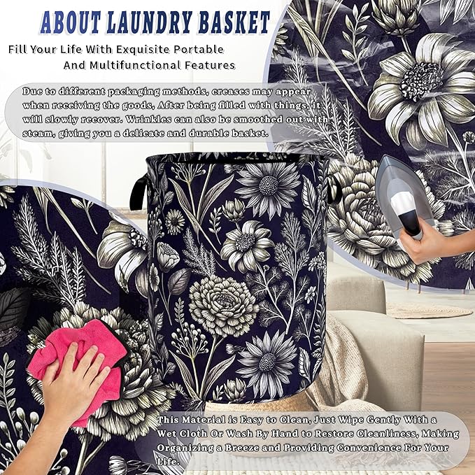 Vintage Floral Flowers Laundry Hamper Foldable Oxford Cloth Cute Laundry Basket With Handle Portable Clothes Storage Organizer Basket 18.9"x16.5" Storage Bag For Laundry Room/Bathroom/Bedroom