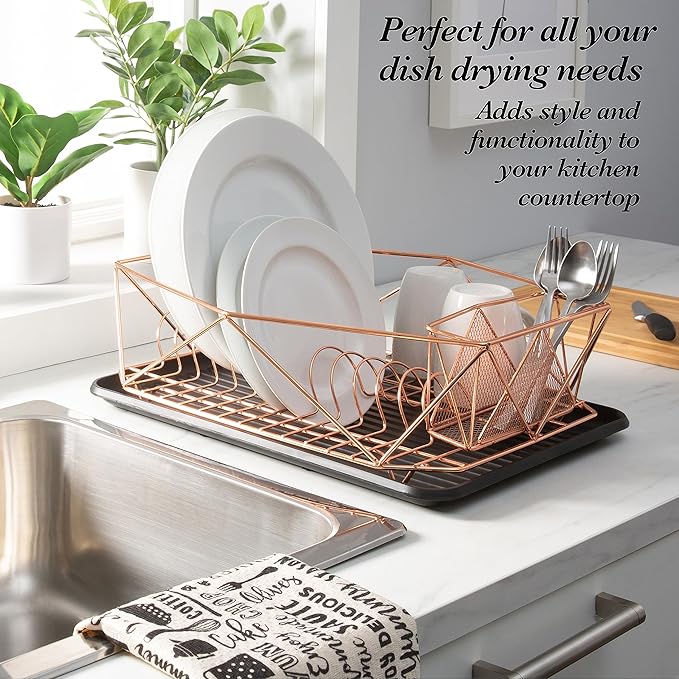Kitchen Details Geode Deluxe Dish Drying Rack with Drain Board | Cutlery Basket | Utensil Holder | Iron Frame | Copper