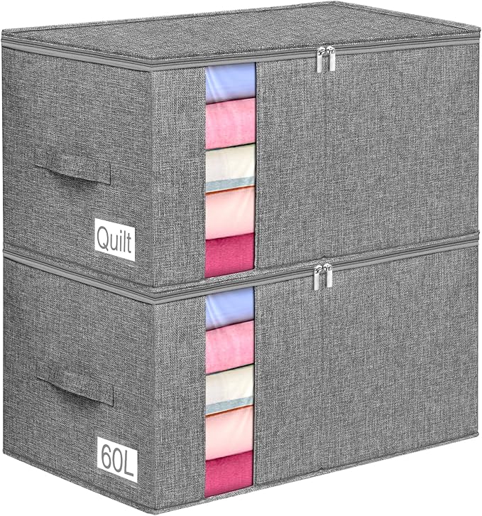 boailydi 60L Blanket/Comforter Storage Bag w/Rigid Side & Bottom Support, Stackable Clothes Storage Bin for Sweaters Bedding Sets Quilts Pillows, Closet Organizer, 21.7x14.2x11.8in, 2 Pack, Gray