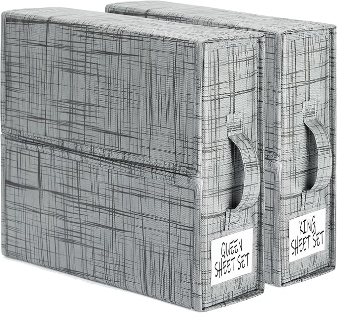 SUOCO SheetCube Bed Sheet Organizers and Storage 2 Pack, Foldable Linen Closet Organizer, Bedding Folder Storage Box Container for Blanket, Duvet Cover Set, Bed Sheet Set - Pattern Grey