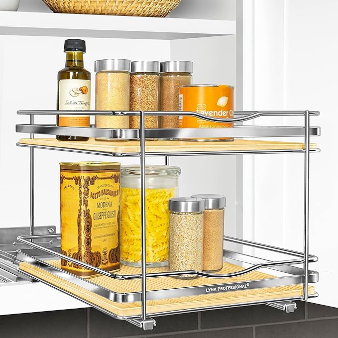 LYNK PROFESSIONAL® Élite™ Pull Out Spice Rack Organizer for Inside Kitchen Cabinets - 10-3/8 inch Wide - Slide Out Drawer – Wood/Chrome Sliding Spice Organization for cabinet - Spice Racks - 2 Tier