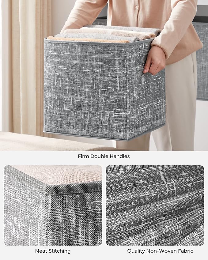 SONGMICS Storage Cubes, 13-Inch Non-Woven Fabric Bins with Double Handles, Set of 6, Closet Organizers for Shelves, Foldable, for Clothes, Cattail Gray UROB033G01