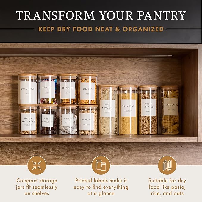 Livabl Glass Pantry Storage Containers with Lids- 420 Pantry Labels– Set of 12 (8 x 20oz& 4 x 34oz) Glass Canisters with bamboo lids-Perfect Pasta Storage Containers-AIrtight-Kitchen Canisters
