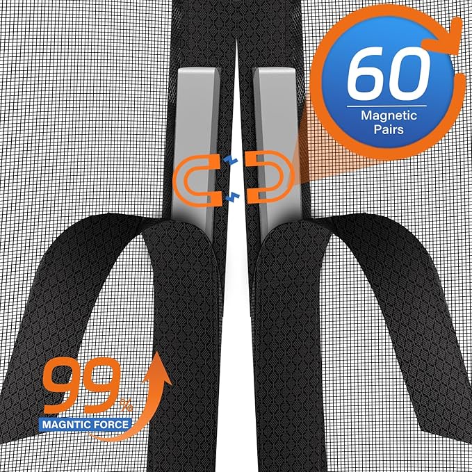 Magnetic Screen Door Mesh Left Right Side Opening Upgraded PET Material Mesh Stronger Than Fiberglass and Polyester,Keep Bugs Out,Pet & Kid Friendly,Hands Free,Fit Door Size 60" X 96"