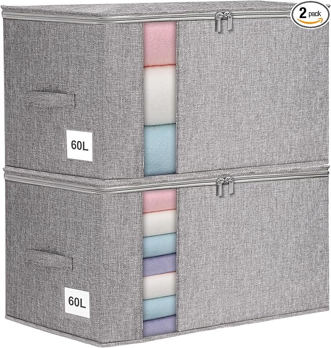Punemi Large Clothes Storage Bags, 2 Pack Comforter Storage Bag with Sturdy Structure/Zipper for King/Queen Comforters Quilt Duvet Pillows Blankets, Closet Organizers, 21.7x14.2x11.8in