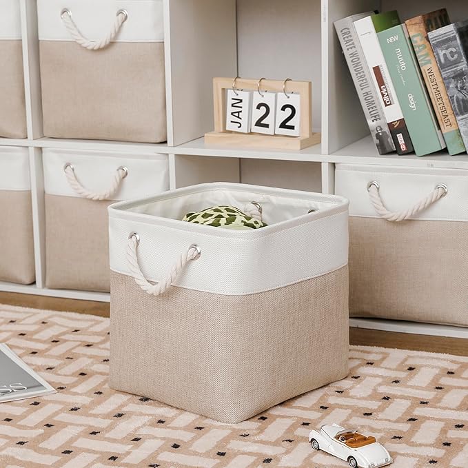 13 x 13 Inch Cube Storage Bins, 6 Pack Extra Large Collapsible Fabric Storage Bin with Ropes, Foldable Storage Cubes for Home (White & Beige-13"x13"x13")
