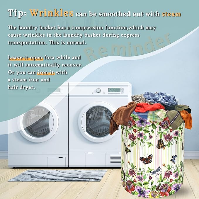 Beautiful Flowers Butterfly Laundry Basket Colorful Floral Laundry Hamper Foldable Oxford Cloth Cute Flower Tote Bag Clothes Toy Storage Bucket For Bathroom/Laundry Storage/Bedroom 18.9 x 16.5 Inch