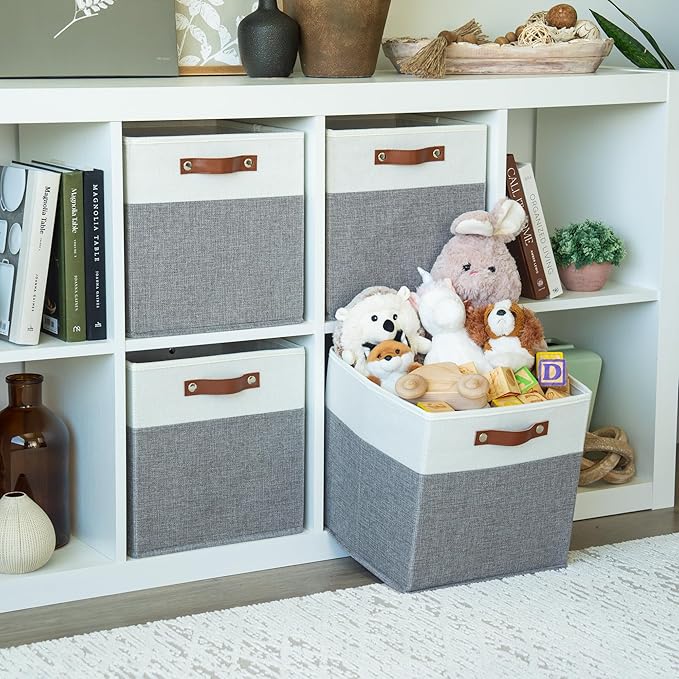 OrganiHaus 12" x 12" x 12" Fabric Cube Storage Bins - Set of 4, Cube Fabric Organizer Bins with Vegan Handles, Kallax Storage Cubes, 12Inch Cubic Baskets for Shelves - Grey / White