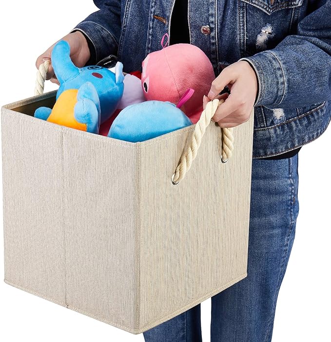i BKGOO Foldable Storage Cube Bins Dark Grey Bamboo Fabric Collapsible Resistant Basket Box Organizer with Cotton Rope Handle for Home Office and Nursery 10.5x10.5x11 inch