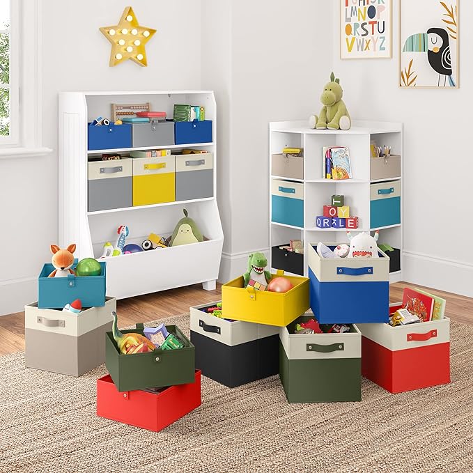 RiverRidge Kids 6pc Folding Storage Bins Set - 10.5”W x 5”H Fabric Boxes with Handles for Closet Organizer & Storage - Black Cube Storage Organizer for Toys, Clothes & Crafts - Fits RiverRidge Shelves