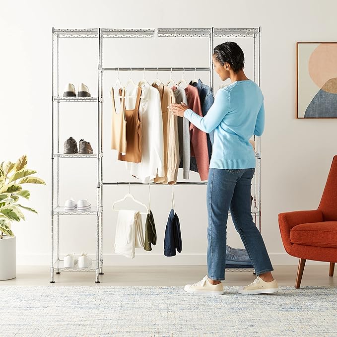Amazon Basics Expandable Adjustable Metal Closet Organizer with Hanging Rod, Clothes Rack, Shelves, 57-80 x 14 x 72 inches (LxWxH), Chrome
