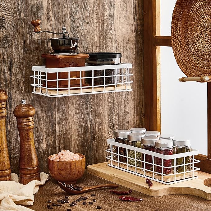Funrous 2 Pcs Metal Small Wire Basket Wall Hanging Wire Basket Hang Small Bathroom Kitchen Storage Organizer Toilet Paper Mesh Storage Bin Shelf Rack with Base(White,9.84 x 3.94 x 2.76 Inches)