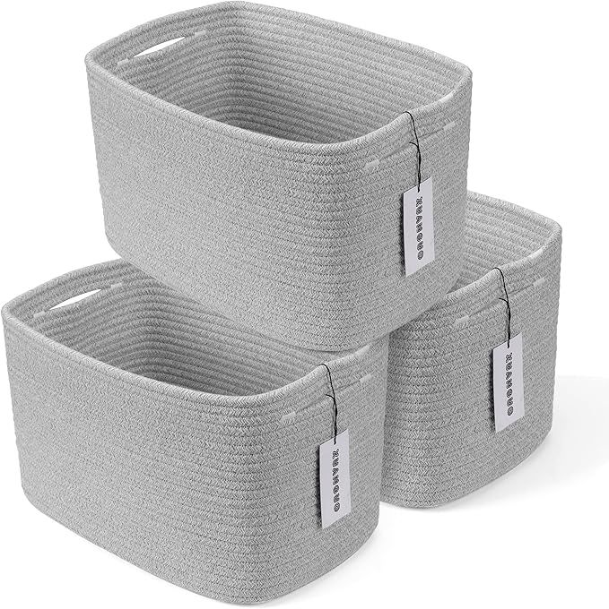 Cotton Rope storage Basket Bins Woven Basket for Organizing Shelves 15X10X9.3“ Rectangle Decorative Baskets For storage Clothes Toys Books Towels Square Wicker Nursery basket organizer 3 pack grey