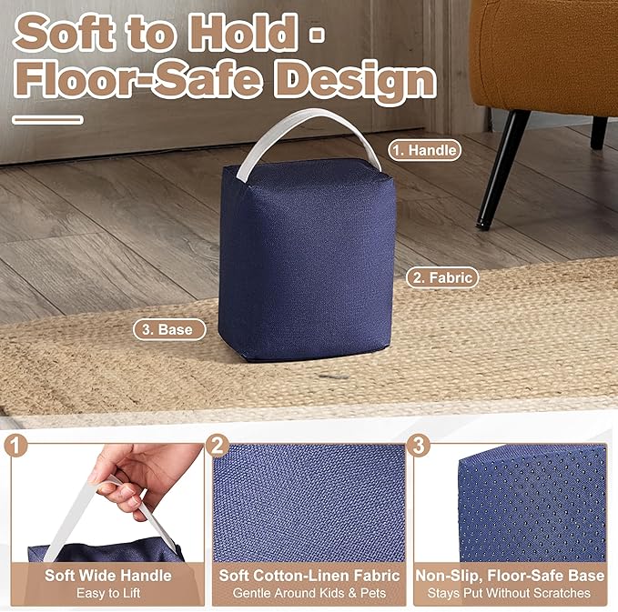 Decorative Weighted Door Stopper 5.5 lb – Heavy Non-Slip Door Weight with Handle, Soft Fabric Door Stop for Kids, Pets, Includes 2 Door Draft Stoppers for Indoor Home & Office, Navy Blue