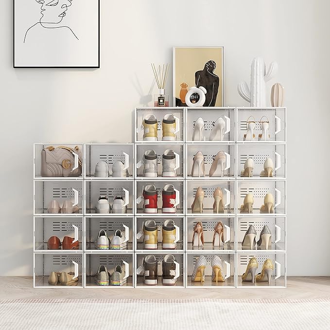 SEE SPRING X-Large Shoe Storage Box Fit Size 11, Clear Plastic Stackable Shoe Organizer for Closet, Space Saving Sneaker Shoe Rack Containers Bins Holders for Entryway, Under Bed, 12 Pack Black