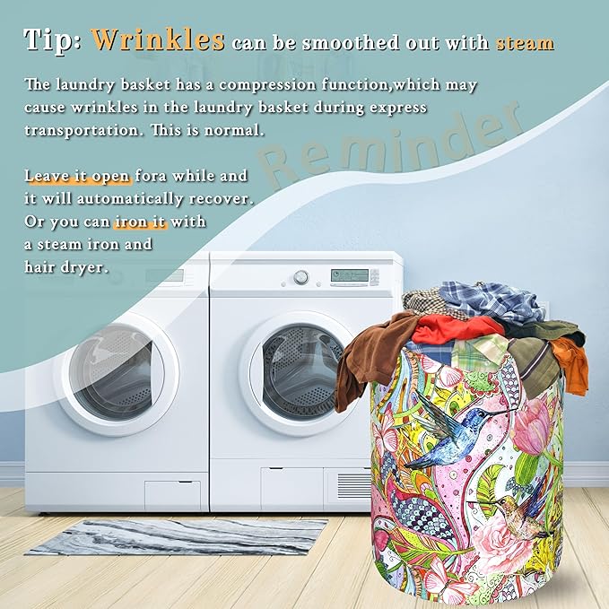 Boho Hummingbird Laundry Basket Pink Flowers Floral Laundry Hamper Foldable Oxford Cloth Birds Colorful Tote Bag Clothes Toy Storage Bucket For Bathroom/Laundry Storage/Bedroom 18.9 x 16.5 Inch