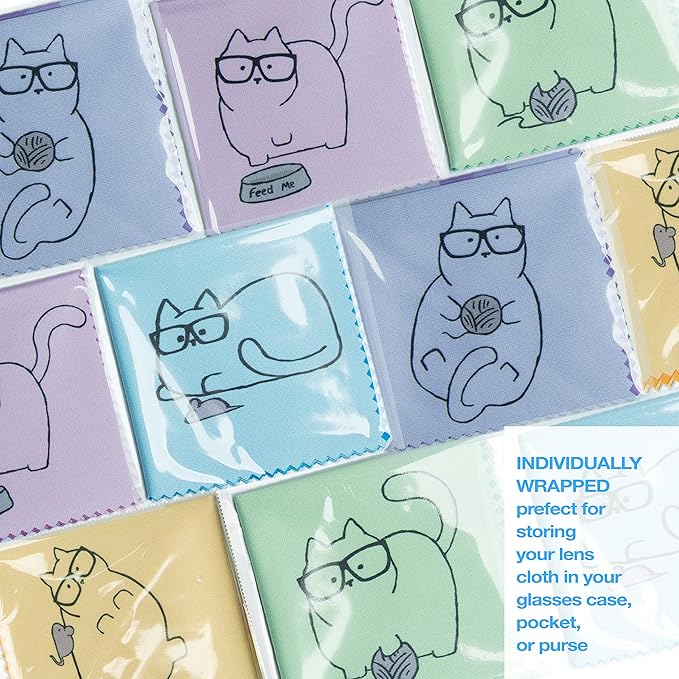 10 Pack Cute Kitty Cat Design Multicolor Microfiber Cleaning Cloths for Cleaning Eyeglasses Lenses Sunglasses and Cell Phone Beautifully Designer Colors Blue Pink Yellow Purple Green Cloth Wipes