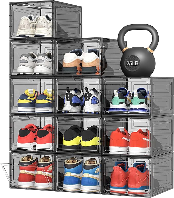 Pinkpum Upgraded Hard Shoe Storage Box 12 Pack X-Large Fit Size 12, Thicken & Sturdy Clear Plastic Stackable Shoe Organizer Box Closet, Sneaker Storage Display Case Holder Bins with Magnetic Door