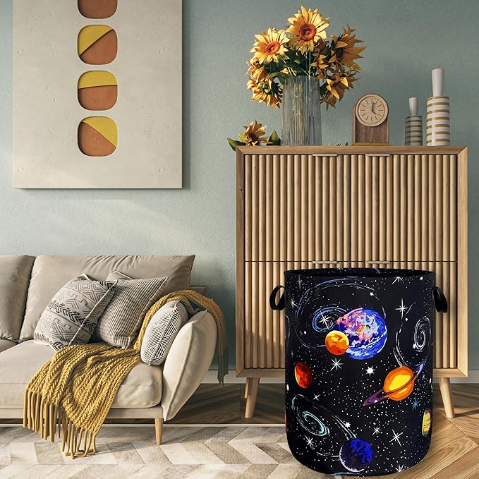 Colorful Starry Sky Planets Laundry Basket Galaxy Funny Laundry Hamper Foldable Oxford Cloth Universe Tote Bag Clothe Toy Storage Bucket 18.9"x16.5" For Bathroom/Laundry Storage/Bedroom