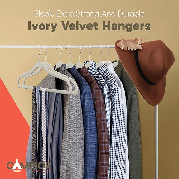 Ivory Velvet Hangers 120 Pack – 360° Swivel Hook, Non-Slip and Space Saving Hangers, Heavy-Duty 11 lbs Weight Capacity - Smooth Velvet Finish for Crease-Free Clothes and Effortless Closet Organization