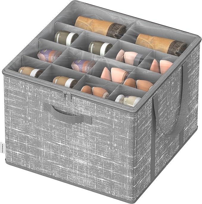 SONGMICS Shoe Organizer for Closet, Fits up to 16 Pairs, Shoe Boxes, Fabric Storage Cube with Handles and Transparent Lid, Space-Saving for Bedroom, Entryway, Cattail Gray ULSP601G01