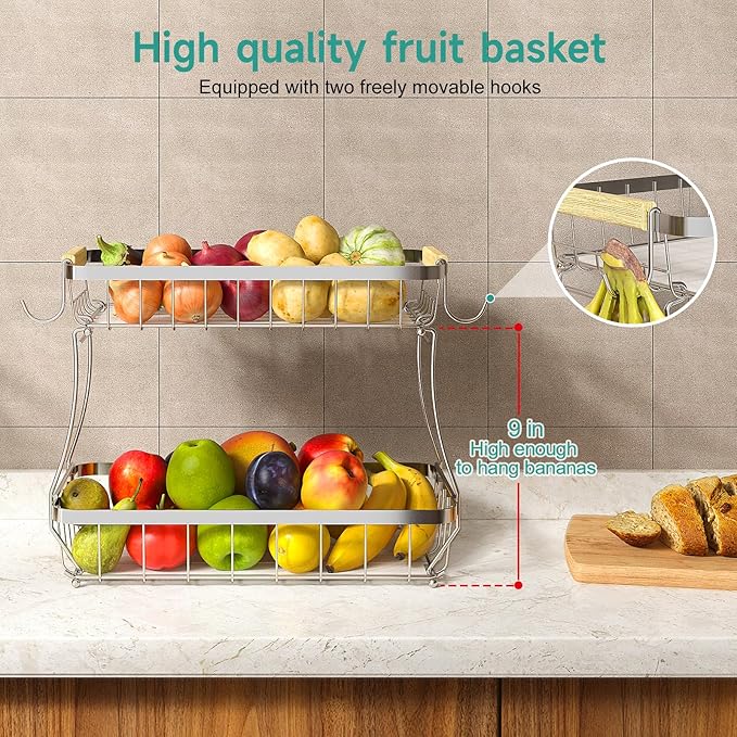 2 Tier Large Fruit Basket for Kitchen Counter with 2 Mobile Banana Hangers, 2026 Pro Detachable Metal Fruit Bowl with Wooden Handle (Silver, 2 Tier)