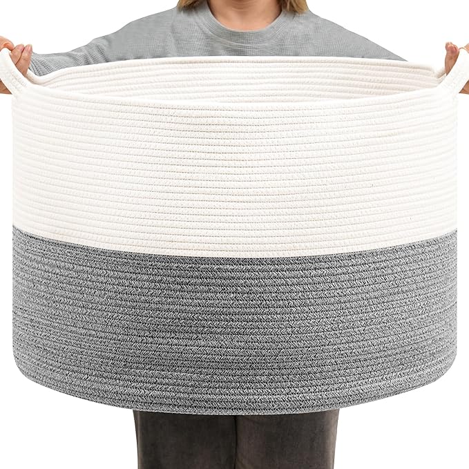 Foldable Laundry Hamper Basket with Collapsible Handle Cotton Rope Soft Woven Fabric Storage Organizer Clothes Toys Nursery Bedroom Dorm Space Saving Bin (White & Light Grey, 80L(21.7"D x 13.8"H))