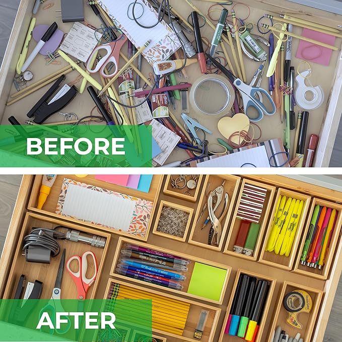 Grow Forward Bamboo Drawer Organizer Boxes - Set of 14 Wooden Drawer Organizers for Kitchen, Bathroom, Office, Desk, Vanity, Makeup - Non-Slip Junk Drawer Organizer Trays for Storage and Organization