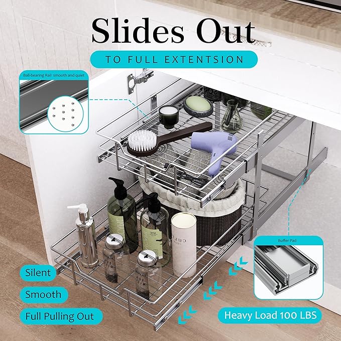 2 Tier Pull Out Cabinet Organizer 15" W X 22" D, Slide Out Drawers For Kitchen Cabinets, Pull Out Drawers For Cabinets Capacity Heavy Duty Caddy, Cabinet Pullout Shelves Chrome-Plated,Bathroom Pantry | Slide Out Drawers, For Kitchen Cabinets, Heavy Dut...