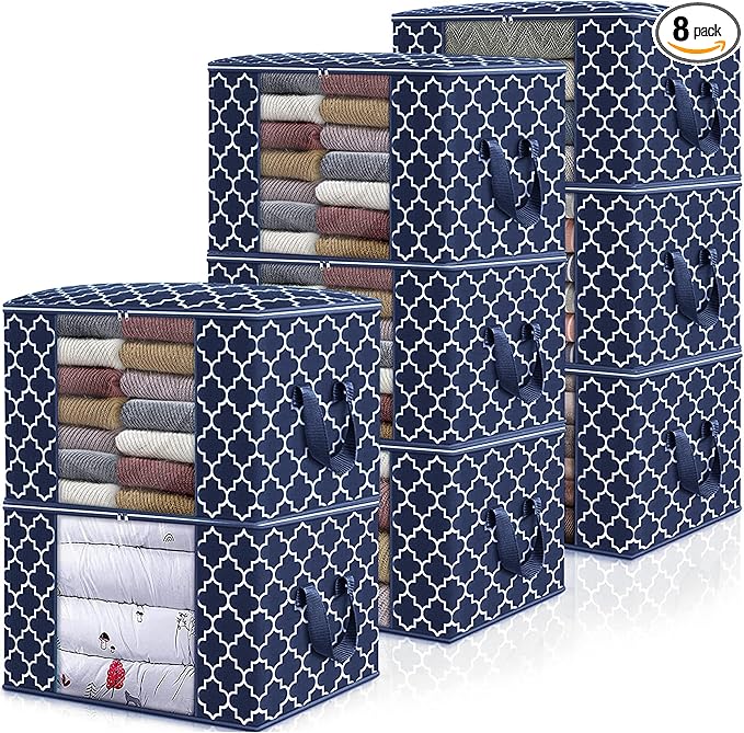 WISELIFE Storage Bags, Large Blanket Clothes Organization and Storage Containers for Bedding, Comforters, Foldable Organizer with Reinforced Handle, Clear Window,Sturdy Zippers,(Blue, 8 x 100L)