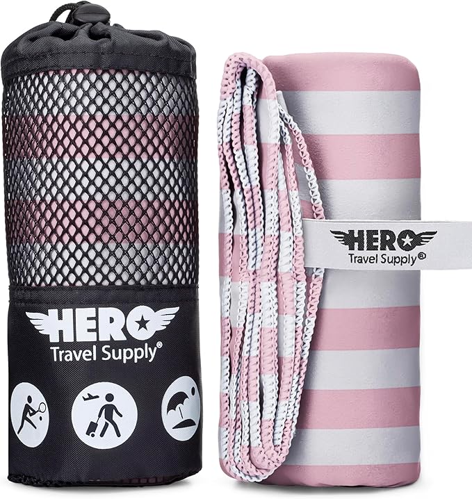 Hero Microfiber Large Beach Towel Compact for Travel (Pink Stripe, 40" x 72")