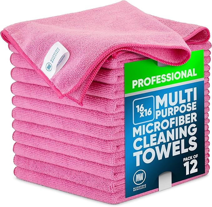 MW Pro Microfiber Cleaning Cloth | Pink | 12 Pack | 16” x 16” | All Purpose Microfiber Towels - Clean, Dust, Polish, Scrub, Absorbent
