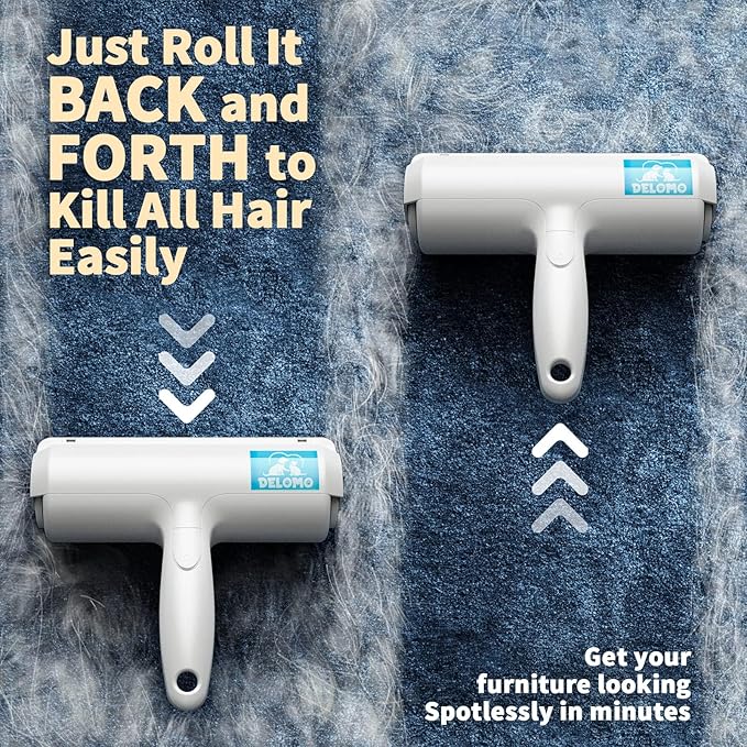 DELOMO Pet Hair Removal Tool: Reusable Lint Roller for Pet Hair, Pet Hair Remover with Built-in Fur Bin, Self-Cleaning Cat and Dog Hair Remover for Couch, Furniture, Bed, Car, Carpet, Clothes