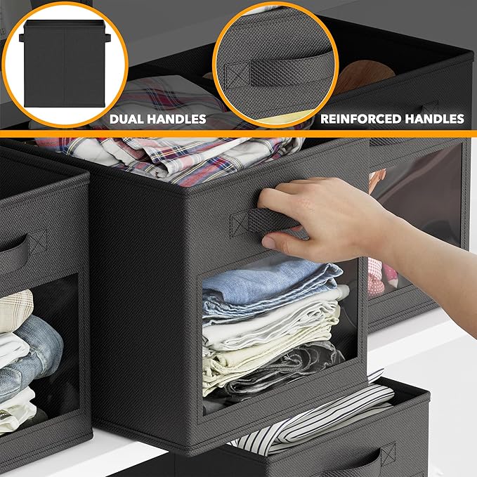 SpaceAid Storage Cubes with Clear Windows, Set of 6 Fabric Bins, 11 Inch Foldable Baskets Boxes for Closet, Cubby Shelf or Cube Storage Organizer, Black