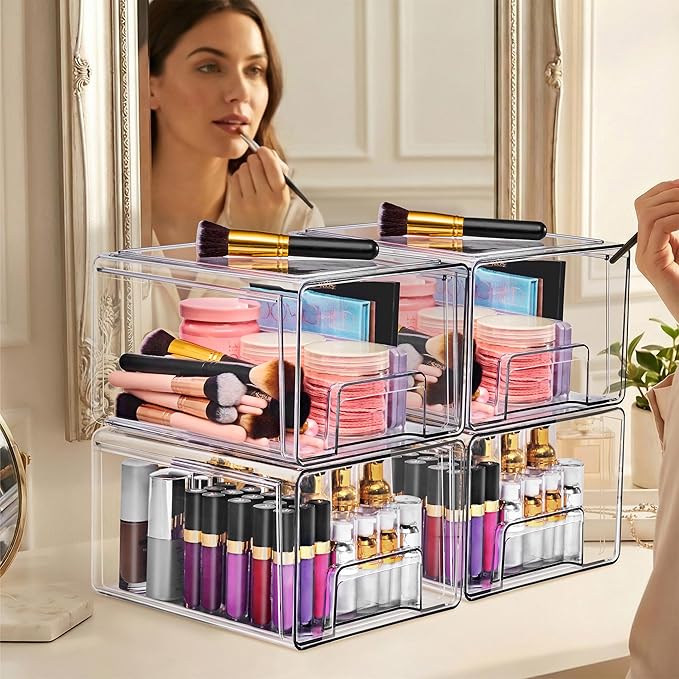 Sorbus Large Clear Stackable Storage Drawers 4-Pack Plastic Organizer Bins with Handles Pull-Out Drawers for Bathroom Closet, Medicine, Cabinet, Pantry Storage, Baby Bottle Organizer