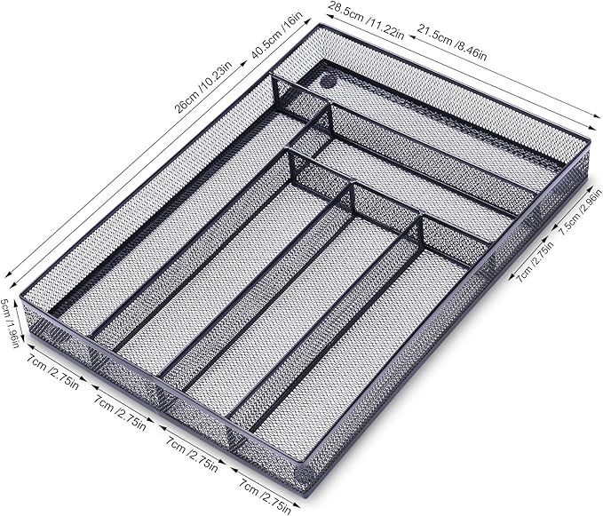 WuGeShop 6 Compartments Metal Mesh Kitchen Flatware Organizer Tray, Silverware Drawer Organizer/Utensil Holder and Cutlery Tray with Non Slip Mat (Black)